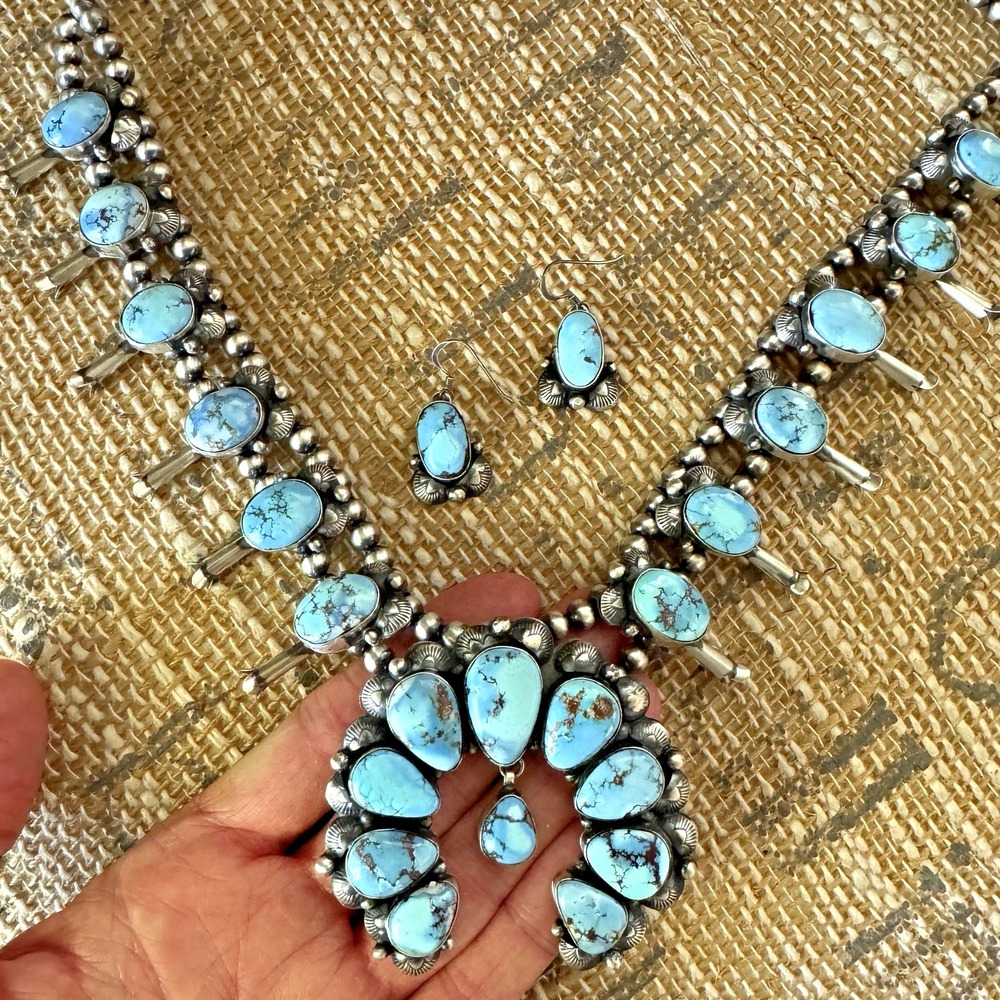 Navajo Squash‎ Blossom Necklace Golden Hills Turquoise Signed Kee 156g Sterling